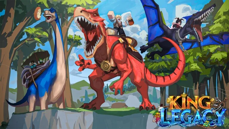 King Legacy characters riding dinosaurs across an island