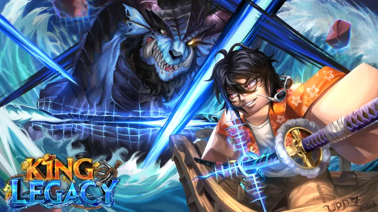 A King Legacy swordfighter facing a blue dragon